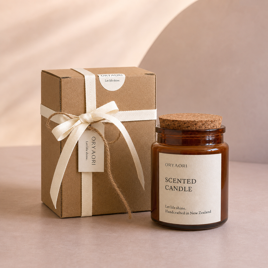 A brown glass jar candle with a cork lid and cream label sits beside a kraft paper gift box tied with a cream ribbon. The label reads ORYAORI SCENTED CANDLE.