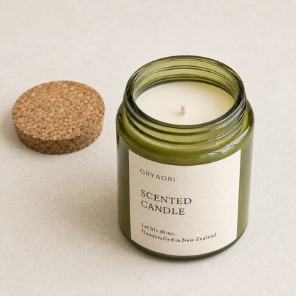 An open scented candle in a translucent olive green glass jar with a cork lid resting beside it on a light beige textured surface. The label reads 'ORYAORI SCENTED CANDLE'.