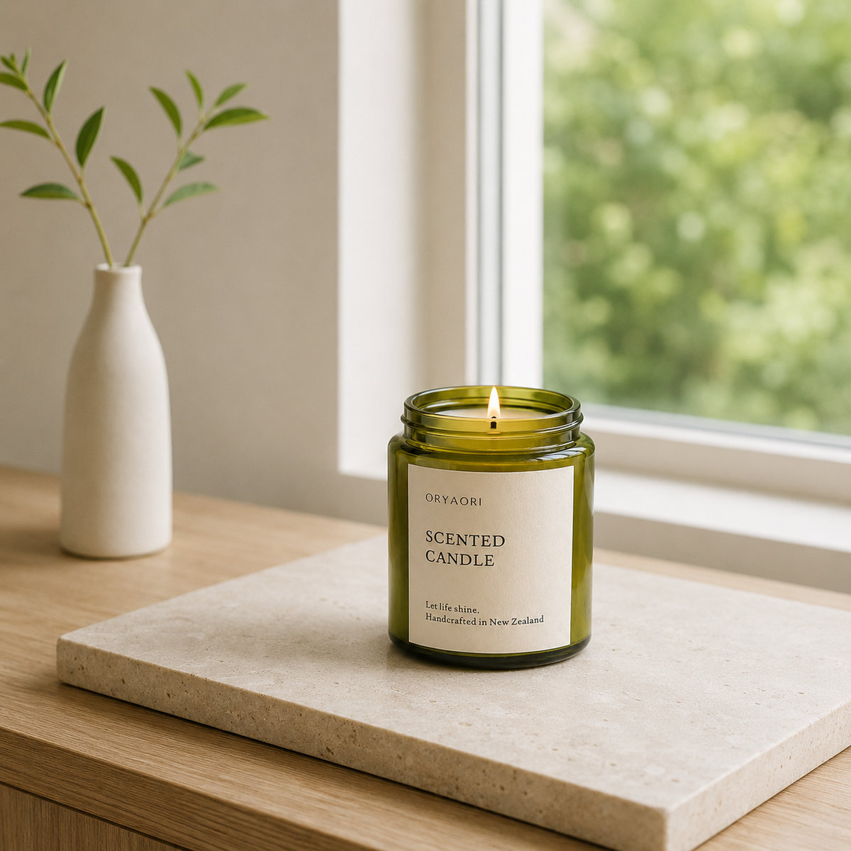 A green glass jar candle with a white label reading 'ORYAORI SCENTED CANDLE' sits lit on a stone slab on a wooden table, with a vase and window in the softly blurred background.