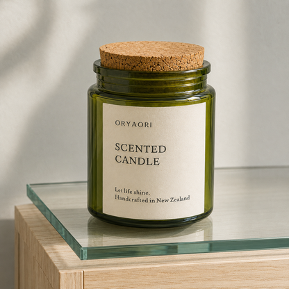 An Oryaori scented candle in an olive green glass jar with a cork lid, resting on a glass shelf of a light wood table against a neutral background.